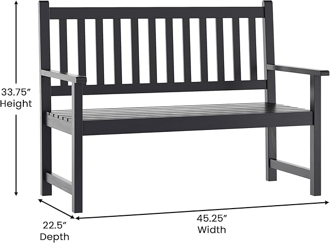 EMMA + OLIVER Ashford Patio Bench for Indoor/Outdoor Use, Acacia Wood Slatted Loveseat for 2, Perfect for Sunroom, Garden, Backyard or Porch, Black