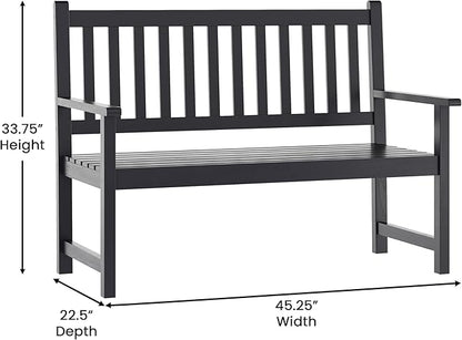 EMMA + OLIVER Ashford Patio Bench for Indoor/Outdoor Use, Acacia Wood Slatted Loveseat for 2, Perfect for Sunroom, Garden, Backyard or Porch, Black