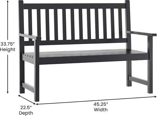EMMA + OLIVER Ashford Patio Bench for Indoor/Outdoor Use, Acacia Wood Slatted Loveseat for 2, Perfect for Sunroom, Garden, Backyard or Porch, Black