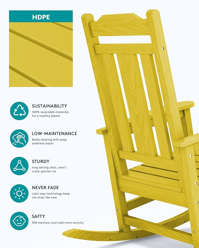 SERWALL Outdoor Rocking Chair Set of 2, Patio Rocking Chairs Set, HDPE Rocking Chair Outdoor for Adults, Heavy Duty Front Porch Rocker, Yellow