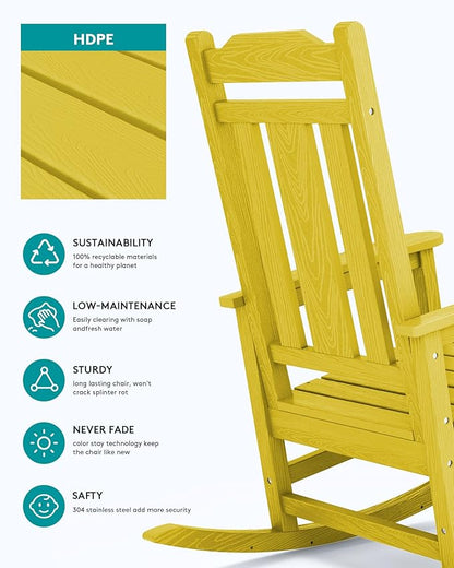 SERWALL Outdoor Rocking Chair Set of 2, Patio Rocking Chairs Set, HDPE Rocking Chair Outdoor for Adults, Heavy Duty Front Porch Rocker, Yellow