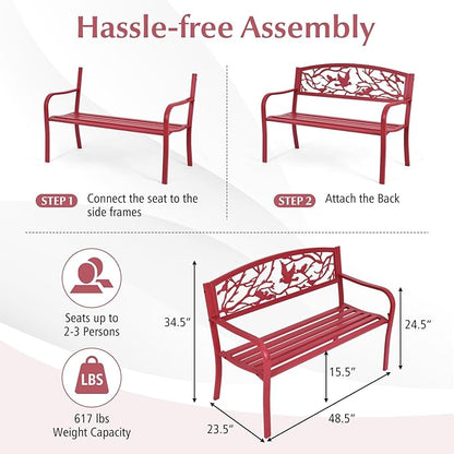 Tangkula Metal Outdoor Garden Bench Park Bench, Patio Bench with Bird & Twig Cast Iron Back Pattern, Heavy-Duty Patio Chair with Back & Arms, Seats 2-3 Persons, for Porch, Yard, Park, Lawn, Porch