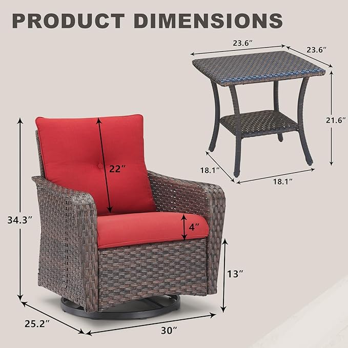 Rilyson Outdoor Patio Swivel Rocker Chairs - 3 PC Wicker Patio Bistro Sets with High Back,Thick Comfy Cushions, Deep Seating and Side Table for Porch Deck Backyard Garden(Brown/Red)