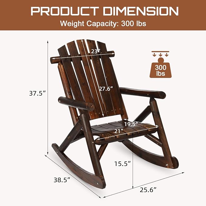 HOMEDIARY Wooden Adirondack Rocking Chair, Patio Log Rocker Outdoor Lounge Chair with Slatted Wooden Design, High Fanned Back & Classic Rustic Style for Garden Patio Backyard (Set of 2, Carbonized)
