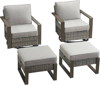 Rilyson Outdoor Wicker Patio Furniture Set - 4 Piece Patio Conversation Set with 2 Wicker Swivel Rocker Chairs,2 Rattan Ottoman, Thick Cushions, Deep Seating, Wide Armrest(Mixed Grey/Grey)