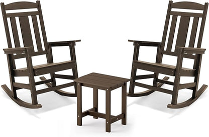LUE BONA Outdoor Rocking Chairs Set, 3-Piece, Poly Porch Rockers with Table, Plastic Weather Resistant Rocking Chair Set for Outdoor Indoor, Garden, Backyard, 350lb, Brown, Chairs+Table