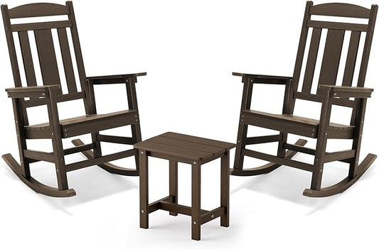 LUE BONA Outdoor Rocking Chairs Set, 3-Piece, Poly Porch Rockers with Table, Plastic Weather Resistant Rocking Chair Set for Outdoor Indoor, Garden, Backyard, 350lb, Brown, Chairs+Table
