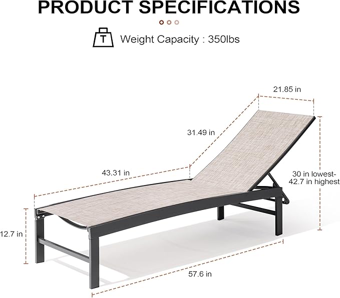 Crestlive Products Chaise Lounge Chair Outdoor Set of 4, Adjustable 5 Positions Pool Lounge Chairs, Metal Tanning Recliner, Outdoor Furniture All Weather for Patio, Beach, Yard, Pool(Beige)