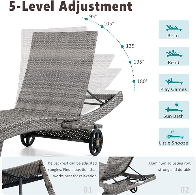 Set of 6 Outdoor Chaise Lounge Chairs with Wheels, Pull-Out Side Table, 5-Position Adjustable Backrest, All-Weather Wicker Patio Pool Lounge Chairs for Poolside, Backyard, Deck, Grey