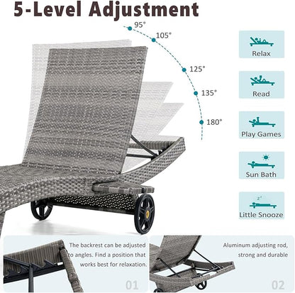 Set of 6 Outdoor Chaise Lounge Chairs with Wheels, Pull-Out Side Table, 5-Position Adjustable Backrest, All-Weather Wicker Patio Pool Lounge Chairs for Poolside, Backyard, Deck, Grey
