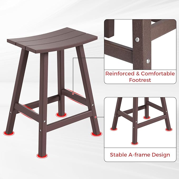 Costaelm All-Weather Bar Stools Set of 3, 24" Height Outdoor Bar Stools, Adirondack Poly Patio Bar Stool for Patio, Deck, Kitchen Counter and Garden, Dark Brown