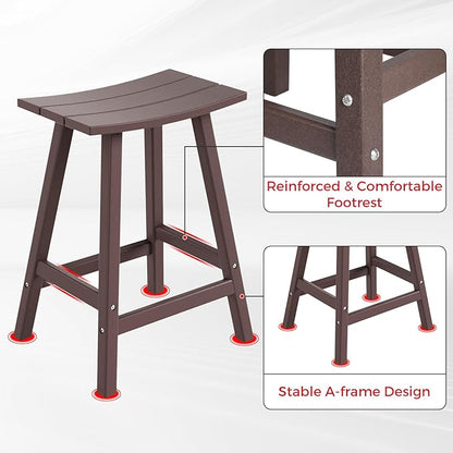 Costaelm All-Weather Bar Stools Set of 3, 24" Height Outdoor Bar Stools, Adirondack Poly Patio Bar Stool for Patio, Deck, Kitchen Counter and Garden, Dark Brown