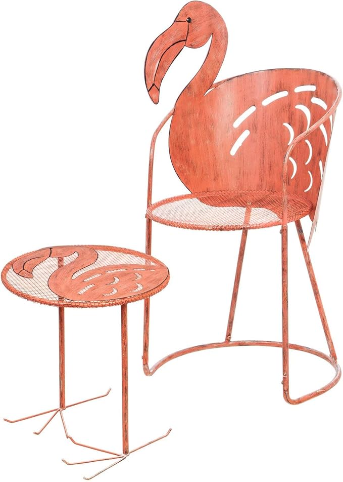 Cape Craftsmen Beautiful Springtime Brushed Metallic Flamingo Chair and Side Table, Set of 2-22 x 18 x 38 Inches Fade and Weather Resistant Decoration for Homes, Apartments, Yards and Gardens