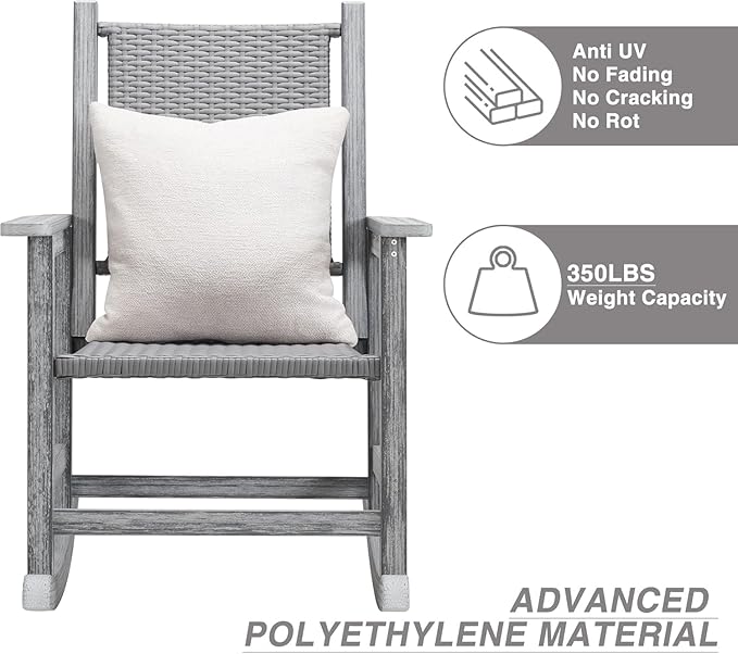 HDPE Rocking Chair Outdoor, Wicker Rocking Chair for Outside, Woven Seat & Back, All Weather Ratten Outdoor for Porch, Garden, Lawn, Balcony (Grey)