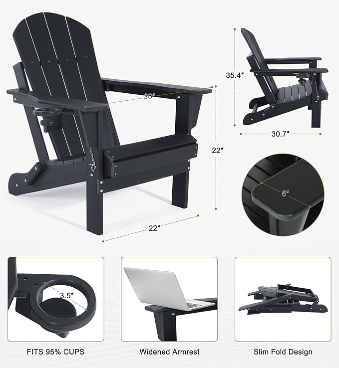Folding Adirondack Chairs Set of 4- Plastic Adirondack Chairs with Cup Holder, Weather Resistant for Outdoor, Patio, Lawn, Garden, Backyard Deck, Fire Pit - Black