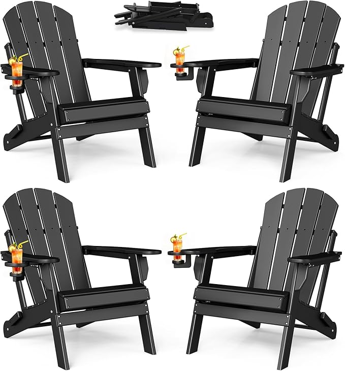 BRIOPAWS Folding-Adirondack-Chairs Set of 4 | HDPE | Fire Pit Chair | Cup Holder | Weather Resistance | Black | for Outdoor Backyard Deck Patio