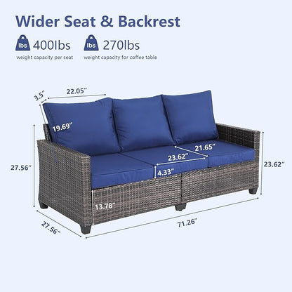 All Weather Patio Sofa, 3 Seat Outdoor Couch with High Back and Thick Cushions,Outdoor Sofa Furniture with Premium Wicker for Garden, Backyard, Porch,Dark Blue