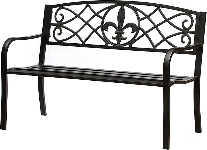 Outdoor Garden Patio Steel Park Bench Lawn Decor with Cast Iron Unique Design Back, Black Seating Bench for Yard, Patio, Garden, Balcony, and Deck