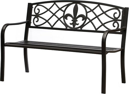 Outdoor Garden Patio Steel Park Bench Lawn Decor with Cast Iron Unique Design Back, Black Seating Bench for Yard, Patio, Garden, Balcony, and Deck