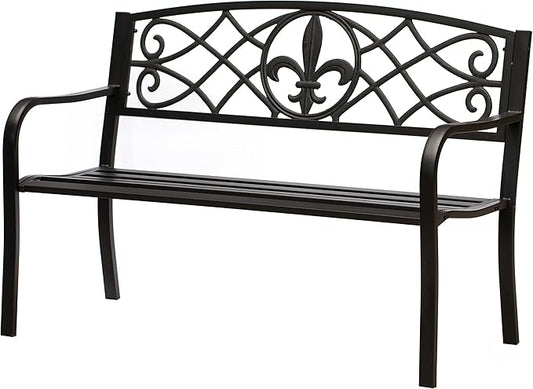 Outdoor Garden Patio Steel Park Bench Lawn Decor with Cast Iron Unique Design Back, Black Seating Bench for Yard, Patio, Garden, Balcony, and Deck