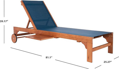 SAFAVIEH Outdoor Collection Ralden Natural Brown Solid Wood/Navy Fabric Adjustable Chaise Lounge Chair (PAT7070B)
