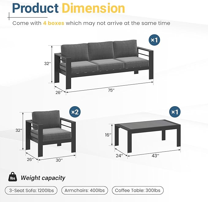 Solaste Aluminum Outdoor Patio Furniture Set, 5 Seats Patio Sectional Sofa with 5" Thick Cushion - Photo 2