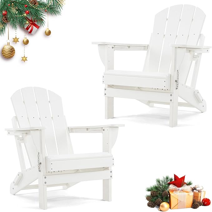 Folding Outdoor Adirondack Chairs Set of 2 with High&Reclining Back-HDPE Weather Resistant Patio Chairs with Cup and Phone Holder for Patio,Fire Pit, Garden and Backyard
