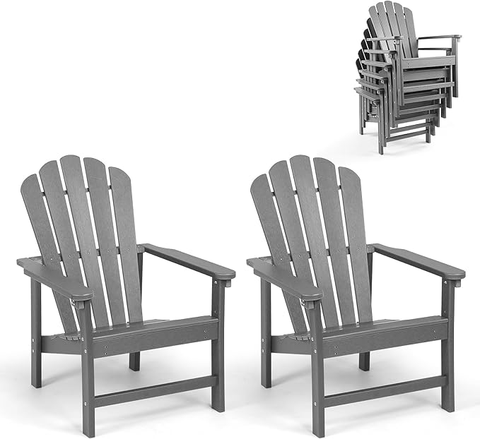Stackable Adirondack Chairs Set of 2, Space Saving HDPE All-Weather Fire Pit Chair for Outdoor Lawn Porch Deck