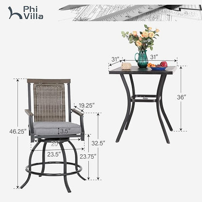 PHI VILLA 3 Piece Outdoor Bar Furniture Set, Counter Height Patio Bar Bistro Table (Square) & Rattan Wicker Bar Stools Chairs with All Weather Cushions for Backyard, Deck and Porch