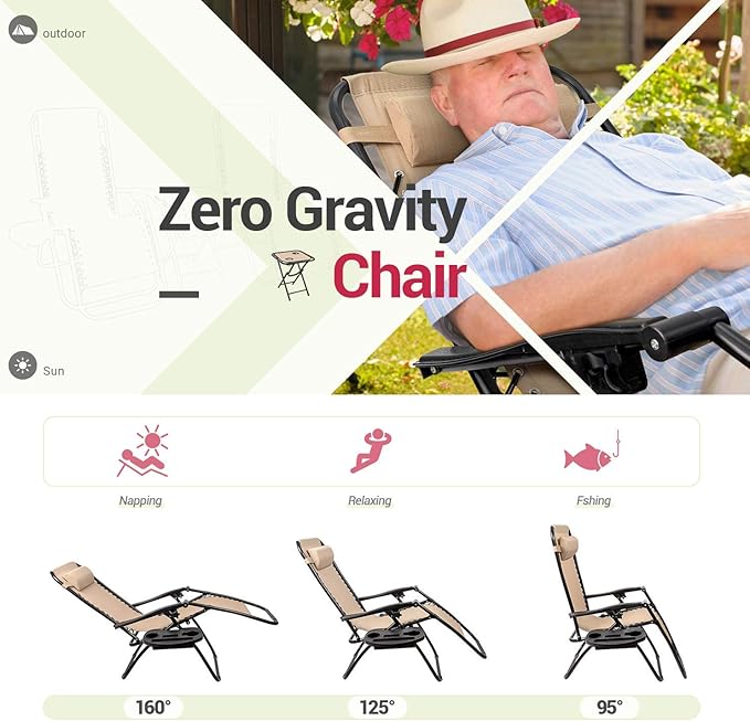 Homall 3 Pcs Zero Gravity Chair Patio Folding Recliner Outdoor Chaise Lounge Chairs Portable Reclining Chair Set with - Photo 4