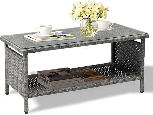 VINGLI Outdoor Wicker CoffeeTable Patio Coffee Tables for Outside, Tempered Glass Top Wicker Table with Storage Coffee Table for Patio Balcony Porch Deck (Gray)