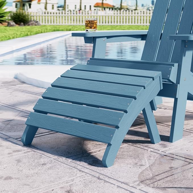 MXIMU Folding Adirondack Ottoman Set of 2: HIPS Plastic Outdoor Footrest Easy Assembly - All Weather Foot Rest Foot Stool for Adirondack Chair Use in Patio Garden Backyard Pool (Blue)