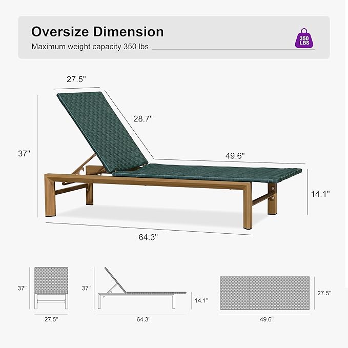 PURPLE LEAF Patio Oversized Chaise Lounge Rattan Chair Set of 2 Outdoor Pool Adjustable Recliner Wicker Chairs for - Photo 2