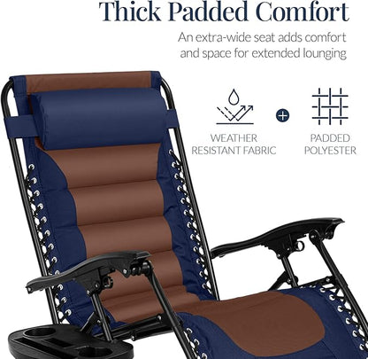 Best Choice Products Oversized Padded Zero Gravity Chair, Folding Outdoor Patio Recliner, XL Anti Gravity Lounger for Backyard w/Headrest, Cup Holder, Side Tray, Polyester Mesh - Navy/Brown
