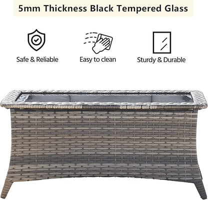 HUMMUH Outdoor Coffee Table Patio Rattan Patio Side Table Built-in Black Glass Top PE Wicker Rectangle Sofa Table Grey