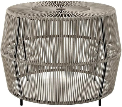 Round Outdoor Coffee Table, PE Wicker and Metal Frame, Weatherproof Gray Finish, 21.7 in Diameter, Coastal Style Patio or Garden Furniture, Lightweight and Easy to Clean