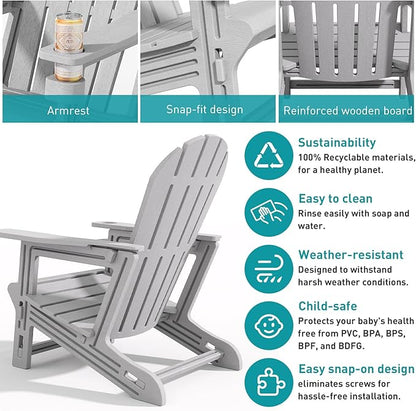 Adirondack Chair, Tool-Free Assembly All-Weather Adirondack Chairs, HDPE Fire Pit Chairs with Cup Holder, Outdoor Chair for Patio Garden (Grey)