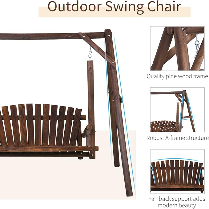 Outsunny 2-Seat Porch Swing with Stand, Wooden Patio Swing Chair Bench, for Garden, Poolside, Backyard, Brown