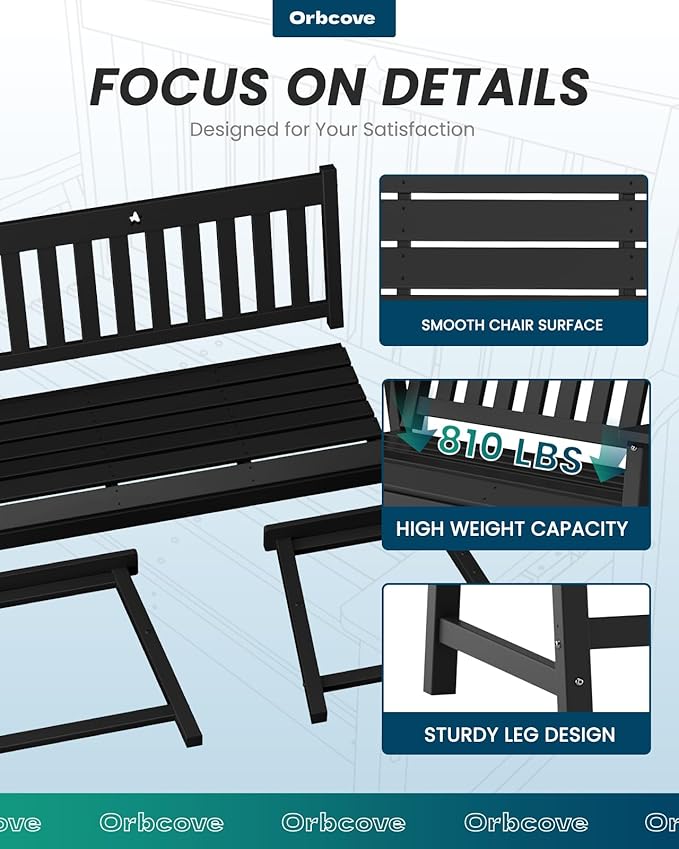 Outdoor Bench,2-Person Garden Bench,HDPE Outdoor Benches Weatherproof,Porch Bench with Backrest and Armrests for Patio,Backyard, Porch and Park,Coffee,810 Lbs Max Load Black