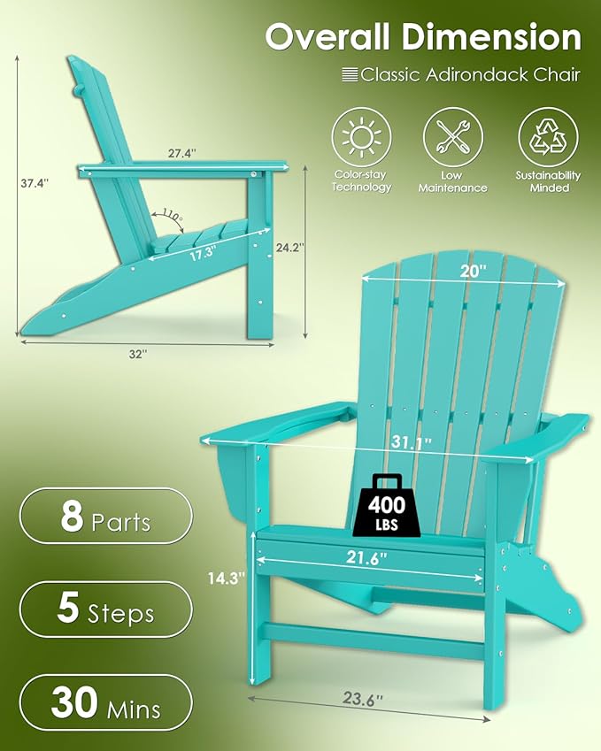 GREENVINES Adirondack Chairs Set of 4 | HDPE Plastic | Oversized Fire Pit Chair | All Weather | Aqua | Poly Lumber | for Outdoor Deck Backyard Patio Garden