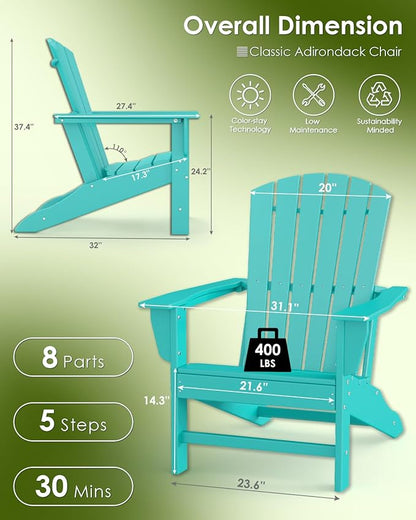 GREENVINES Adirondack Chairs Set of 4 | HDPE Plastic | Oversized Fire Pit Chair | All Weather | Aqua | Poly Lumber | for Outdoor Deck Backyard Patio Garden
