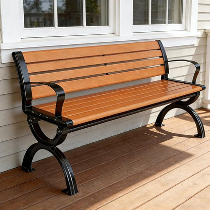 Patio Garden Bench 47" 59" 71" Outdoor Bench Cast Iron Metal Frame & Comfort Wood Seat, Backrest/Backless Porch Benches for Park, Yard, Porch, Lawn, Balcony, Backyard(Oranges,150cm/59)