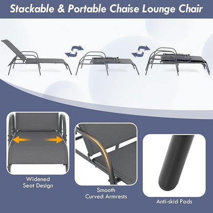 COSTWAY Outdoor Lounge Chairs Set of 2, Patio Chaise Lounge Recliner with Heavy Duty Steel Frame, 5-Position Adjustable Backrest for Deck, Beach, Pool (2, Dark Grey)