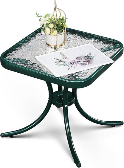 VINGLI Outdoor Side Table, 18" Patio Table Steel Frame Tempered Glass Top, Weatherproof Small Tables for Balcony Garden Poolside (Green, Square)