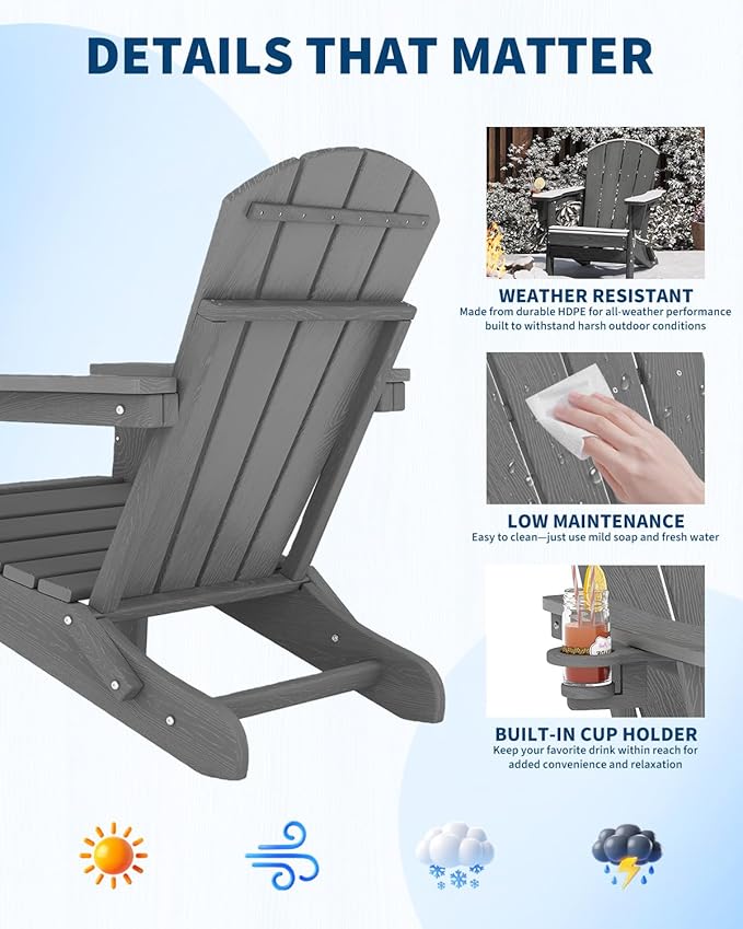 Garvee Folding Adirondack Chair Set of 6, HDPE Outdoor Patio Chair with Cup Holder, All Weather Resistent Wooden Textured for patios, Decks, Gardens, fire Pit, Grey
