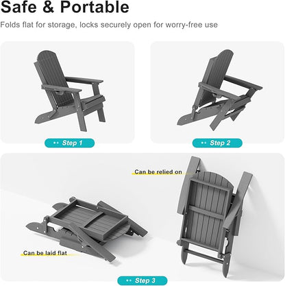 HDPE Foldable Adirondack Outdoor Chair Set of 4 with Cup Holder, Weather Resistant Heavy-Duty Patio Chair for Patio, Backyard, Deck, Fire Pit, Lawn and Porch, Grey