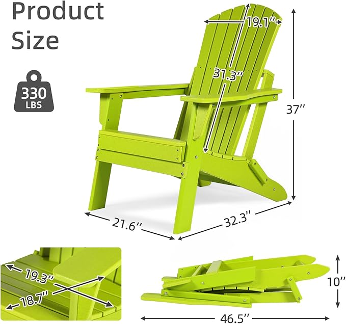 Aoodor Folding Adirondack Chair HDPE Outdoor All-Weather Chair for Patio, Garden, Backyard, Lawn, Fire Pit, Set of 4, Apple