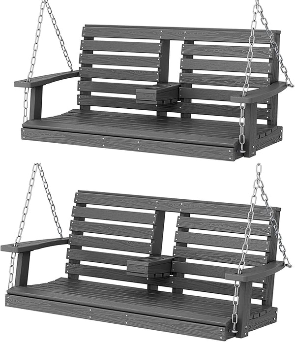 KINGYES Outdoor Hanging Patio Swing Chair Set of 2, 2 Seat Bench with Cup Holders, Waterproof for Courtyard & Garden - Photo 1