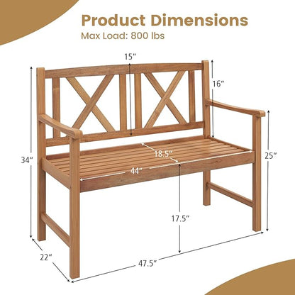 Wooden Outdoor Bench, 47.5” Rustic Acacia Wood Bench, Outside Garden Bench w/High Back & Armrest, 2-Person Loveseat Patio Bench for Front Porch Backyard Park, Teak Finish (Cross)