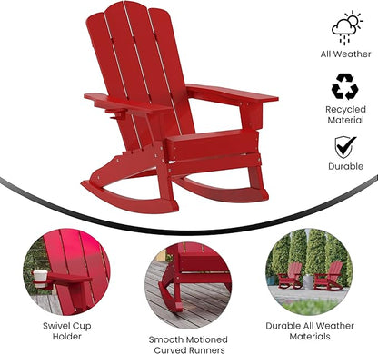Flash Furniture Newport Adirondack Rocking Chair with Cup Holder, Weather Resistant Poly Resin Adirondack Rocking Chair, Red